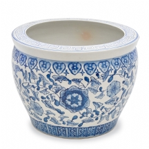 עציץ סיני דקורטיבי עשוי חרס מעוטר בכחול קובלט חתום