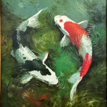 'שני דגי קוי' - ציור אסייאתי, שמן על בד, חתום (כפי הנראה אמן אינדונזי)