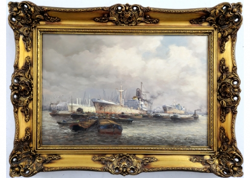 סיאם שפר (צייר הולנדי Siem Schaeffer, 1924-2005) - 'ספינות בים', שמן על בד, חתום