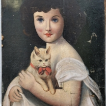 'נערה עם חתול', ציור שמן על בד מוצמד לקרטון