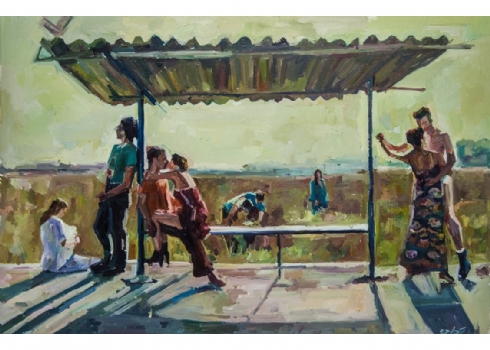 יצחק ג'קובס - 'תחנה', שמן על בד, חתום,