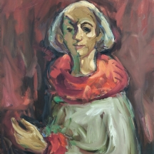 אליהו אדלר - 'אישה כסופת שיער בלבוש פיירו', שמן על בד, חתום