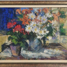 'פרחים באגרטל ועציץ', ציור גדול ויפה, שמן על לוח חתום, אמן לא מזוהה