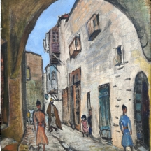 'דמויות בסימטה' - ציור שמן על בד, לא חתום אמן לא ידוע