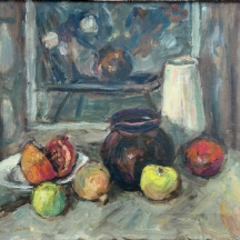 צבי שור (Zvi Shorr)  'טבע דומם עם רימונים וכד לבן'  שמן על בד