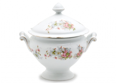 כלי פורצלן גרמני (בווארי) עתיק למרק ומכסה תואם מעוטר בהדפס פרחוני וחתום