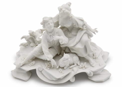 פסל ביסקוויט גרמני בדמות זוג רועי צאן וכיבשה, חתום