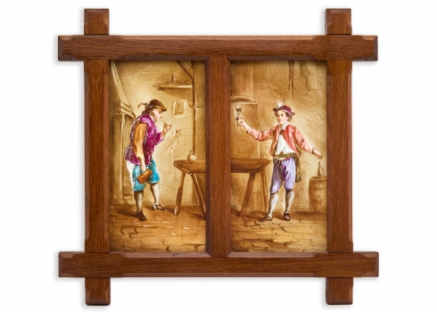 אריח פורצלן עתיק, מעוטר בציורי יד, מסגרת עץ