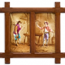 אריח פורצלן עתיק, מעוטר בציורי יד, מסגרת עץ