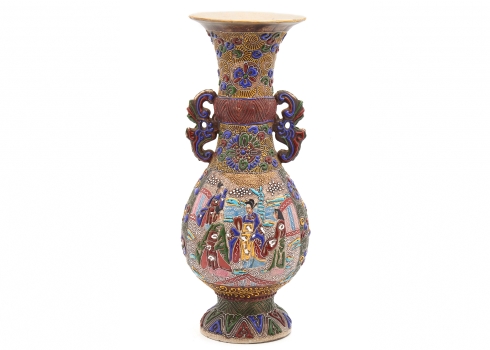 אגרטל סטסומה (Satsuma) יפני עתיק עשוי חרס מעוטר אמייל בעבודת מורייאז', חתום