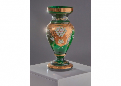 אגרטל זכוכית מורנו איטלקי גדול, עשוי זכוכית אמרלד קישוטי אמייל בולט וזהב