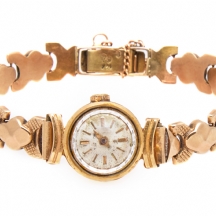 שעון יד לאישה עשוי זהב צהוב 18 קארט, חתום ורצועה עשויה זהב צהוב 14 קארט (חתומה)