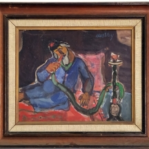 מיכאל חשבי (Michael Hashbi) - 'מעשן הנרגילה'  שמן על לוח, חתום