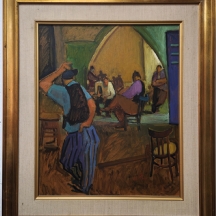 אבי שוורץ (Avi Schwartz) - 'גברים בבית קפה יפואי' - שמן על לוח חתום