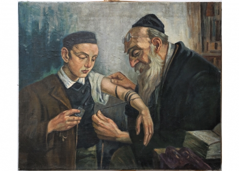 יעקוב ווסובר (Jacob Vassover) - 'רב מניח תפילין לנער', שמן על בד חתום