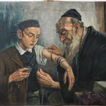 יעקוב ווסובר (Jacob Vassover) - 'רב מניח תפילין לנער', שמן על בד חתום