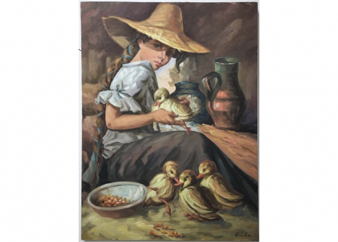 יעקוב ווסובר (Jacob Vassover) - 'נערה אוחזת ברווז', שמן על בד, חתום