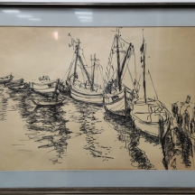 'סירות' - רישום טוש על נייר חתום: יעקוב הגר