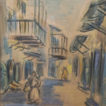 דוד גלבוע (David Gilboa) 'דמויות ביפו', רישום עיפרון ואקוורל על נייר, חתום