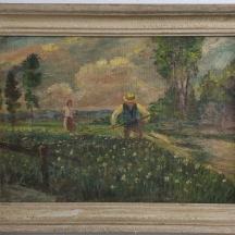 'איכרים בערוגת פרחים'  ציור עתיק, שמן על לוח מוזניט