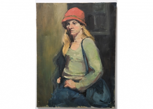 'אישה בכובע אדום'- שמן על בד, חתום MOROROWSKI ומתוארך 1979