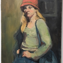 'אישה בכובע אדום'- שמן על בד, חתום MOROROWSKI ומתוארך 1979