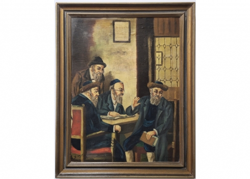 'שיעור תורה' - שמן על בד מוצמד לקרטון, חתום: B. sade