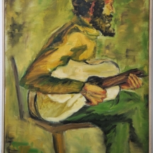 'גבר מנגן בגיטרה לבנה'  שמן על בד, חתום