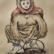 צבי לבני (Zvi Livni)  'מוכרת הפול', גואש ואקוורל על נייר, חתום