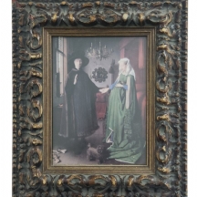 'נישואי הזוג ארנולפיני' הדפס ממוסגר, נתון במסגרת עץ מהודרת בסגנון עתיק