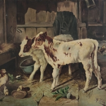 'עגלים ותרנגולות' - שמן על בד, חתום: A. Noah