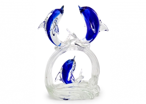 פסל זכוכית אמנותית גדול וכבד של שלושה דולפינים