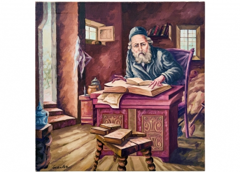 יעקוב ווסובר (Jacob Vassover)  - 'רב לומד תורה', שמן על בד, חתום