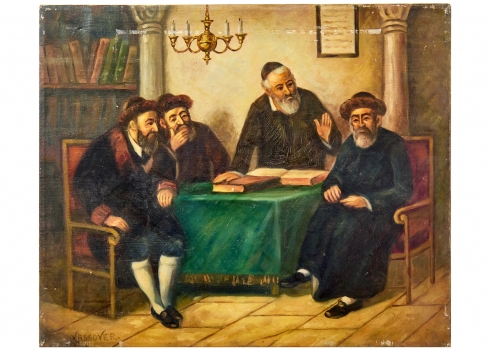 יעקוב ווסובר (Jacob Vassover)  - 'ארבעה דתיים סביב שולחן', שמן על בד, חתום