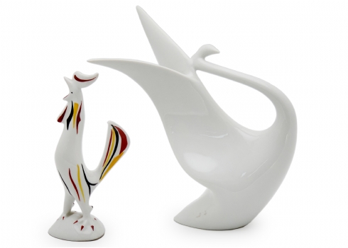 שני פסלי פורצלן אירופאיים ברבור 'Royal Dux' ותרנגול 'Hollohaza'