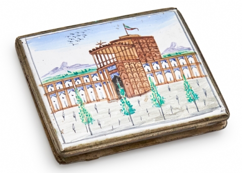 קופסת סיגריות פרסית עתיקה מצופה אמייל עיטור אדריכלי מצויר ביד