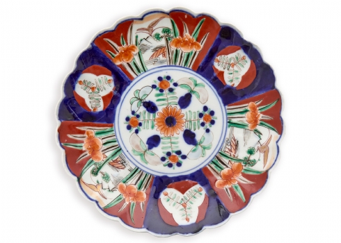 צלחת פורצלן יפנית 'אימרי' 'Imari' עתיקה - דגם פרחוני קלאסי