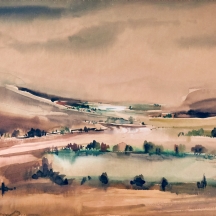 משה כגן, 'נוף כנרת', אקוורל על נייר, חתום