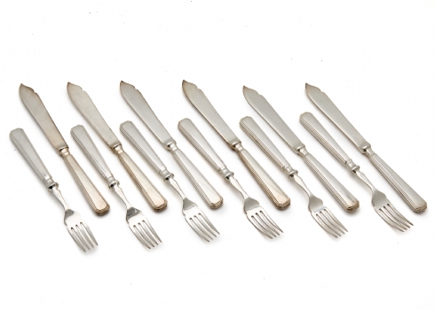 שישה סכיני דגים ומזלגות מצופי כסף, שפילד אנגליה 'Mappin & Webb Athenian Pattern'