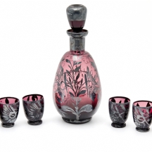 סט דקנטר וכוסיות זכוכית אמטיסט איטלקי עם עיטור 'Sterling Silver Overlay'