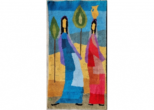 שטיח משכית - דמויות נשיות בנוף מדברי, חתום
