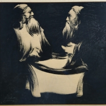 אברהם גולדברג (Avraham Goldberg)  'שיח רבנים' - גואש שחור על נייר, חתום
