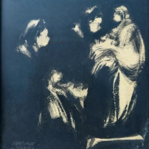 אברהם גולדברג - 'שלוש נשים יהודיות', גואש שחור על נייר, חתום בעפרון