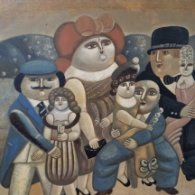 יורי קרסני (Yuri Krasny) 'אישה אדמונית גדולה וחברים', הדפס על לוח חתום בעפרון