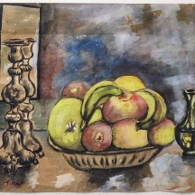אפרים פימה רויטנברג (1914-2005) - 'זוג פמוטים וקערת פירות' אקוורל על נייר, חתום