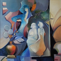 אירנה מרוז - 'שלוש נשים בנוף סוריאליסטי', שמן על בד, חתום