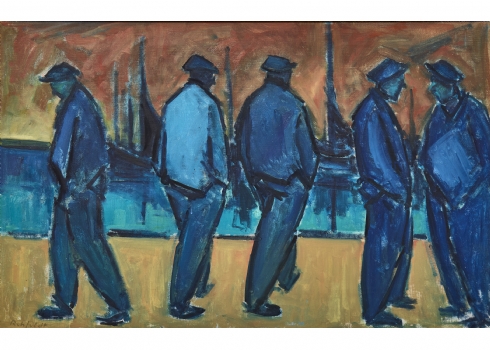 רהפלד פדרסן Rehfeldt Pedersen (דנמרק, 1918-1987) - 'חמישה גברים על המזח בכחול'
