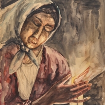 'אשה מדליקה נרות שבת' - אקוורל על נייר, חתום