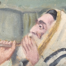 'יהודי תוקע בשופר' - ציור שמן על לוח, חתום בחתימה לא קריאה