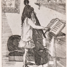 תחריט שכותרתו "Cello Lesson" מאת האמן Gerald P. Fairclough, חתום